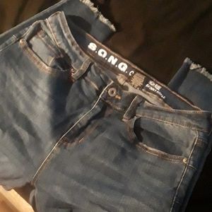 Blue and black high rise jeans